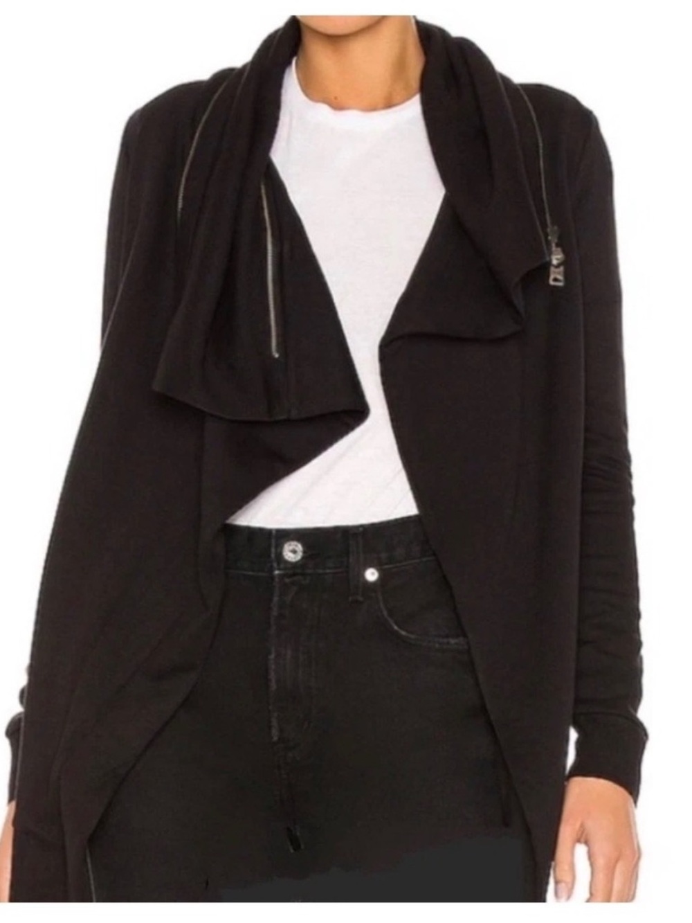 AllSaints Dahlia Cardigan Medium Black Draped Open Front Zipper Collar